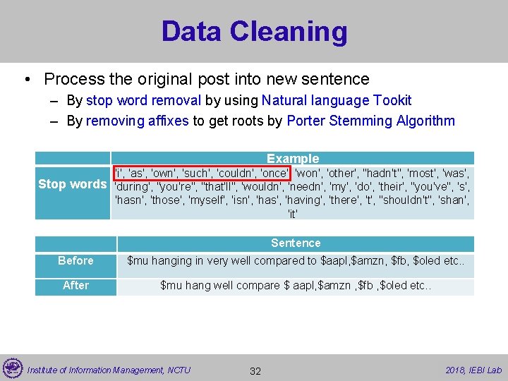 Data Cleaning • Process the original post into new sentence – By stop word