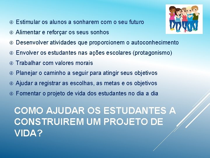  Estimular os alunos a sonharem com o seu futuro Alimentar e reforçar os