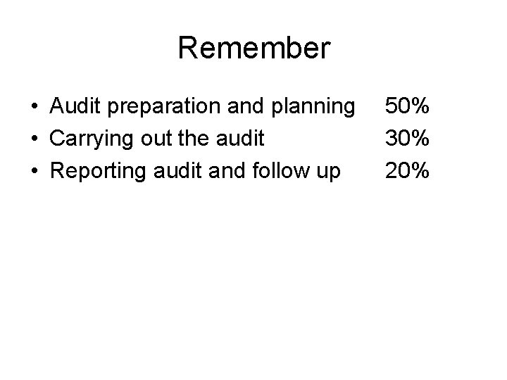 Remember • Audit preparation and planning • Carrying out the audit • Reporting audit