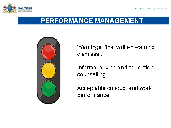 PERFORMANCE MANAGEMENT Warnings, final written warning, dismissal. Informal advice and correction, counselling Acceptable conduct