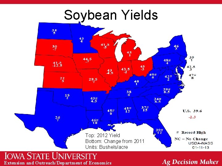 Soybean Yields Top: 2012 Yield Bottom: Change from 2011 Units: Bushels/acre Extension and Outreach/Department