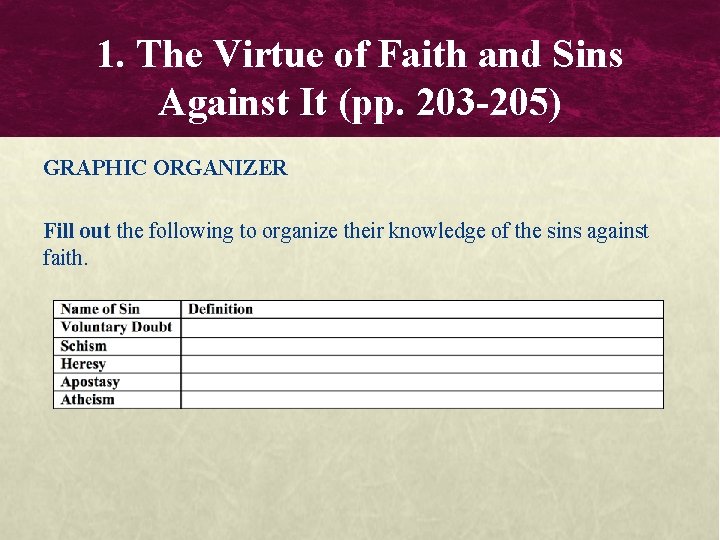 1. The Virtue of Faith and Sins Against It (pp. 203 -205) GRAPHIC ORGANIZER