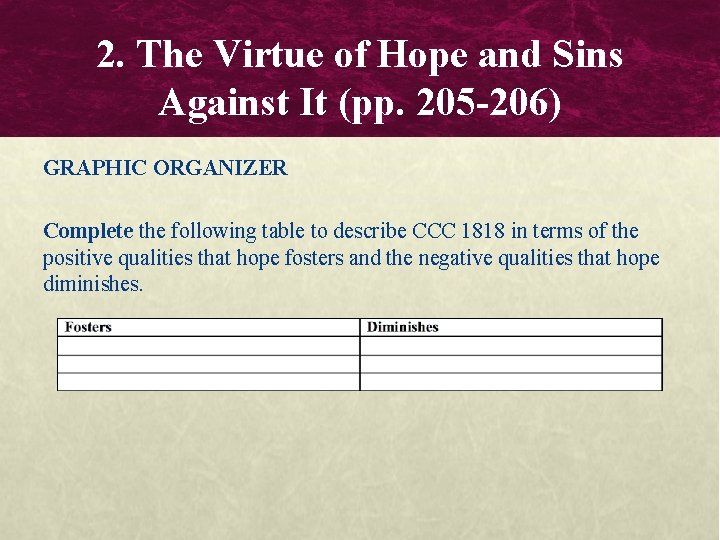 2. The Virtue of Hope and Sins Against It (pp. 205 -206) GRAPHIC ORGANIZER