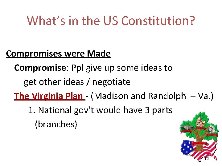 What’s in the US Constitution? Compromises were Made Compromise: Ppl give up some ideas