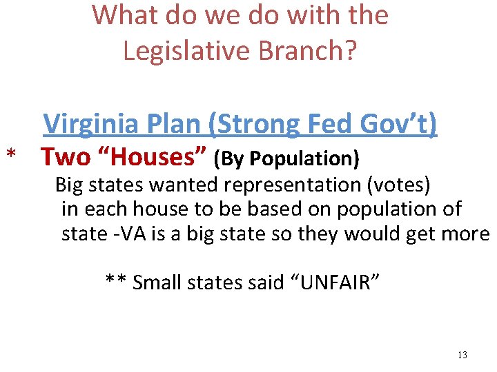 What do we do with the Legislative Branch? Virginia Plan (Strong Fed Gov’t) *