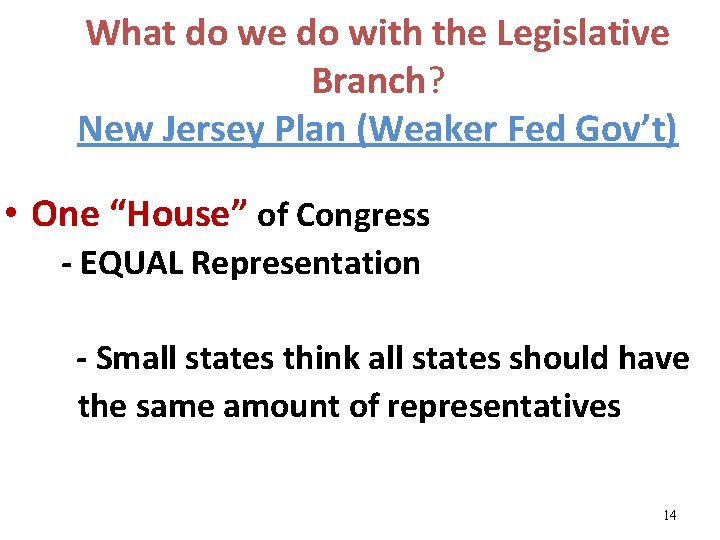 What do we do with the Legislative Branch? New Jersey Plan (Weaker Fed Gov’t)