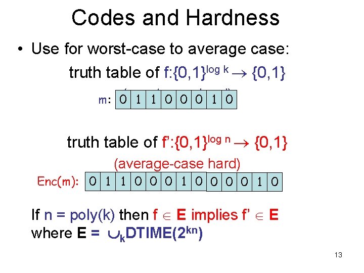 Codes and Hardness • Use for worst-case to average case: truth table of f: