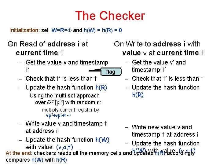 The Checker Initialization: set W=R= and h(W) = h(R) = 0 On Read of