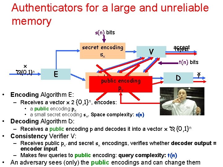 Authenticators for a large and unreliable memory s(n) bits secret encoding sx x {0,