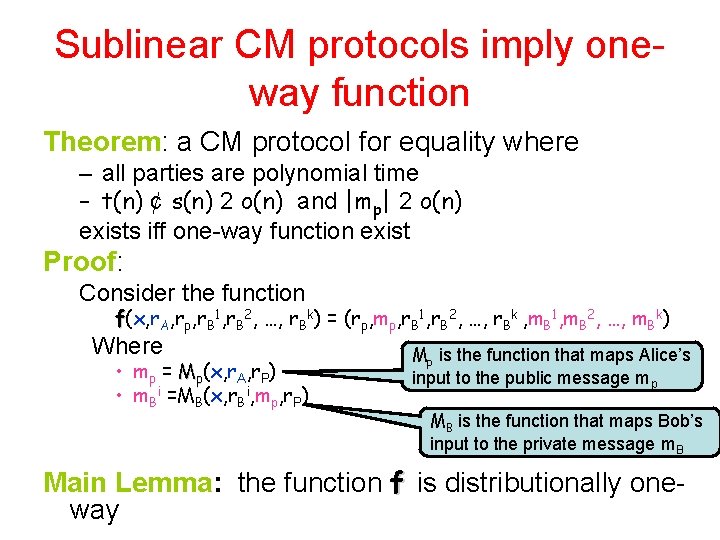 Sublinear CM protocols imply oneway function Theorem: a CM protocol for equality where –