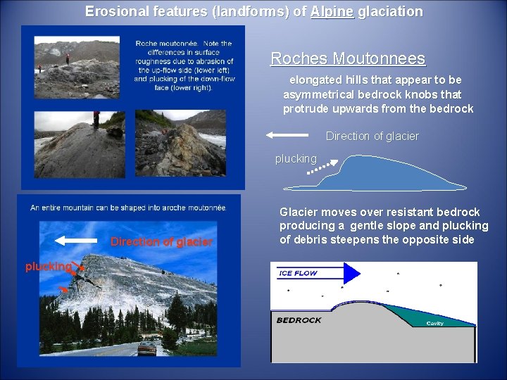 Erosional features (landforms) of Alpine glaciation Roches Moutonnees elongated hills that appear to be