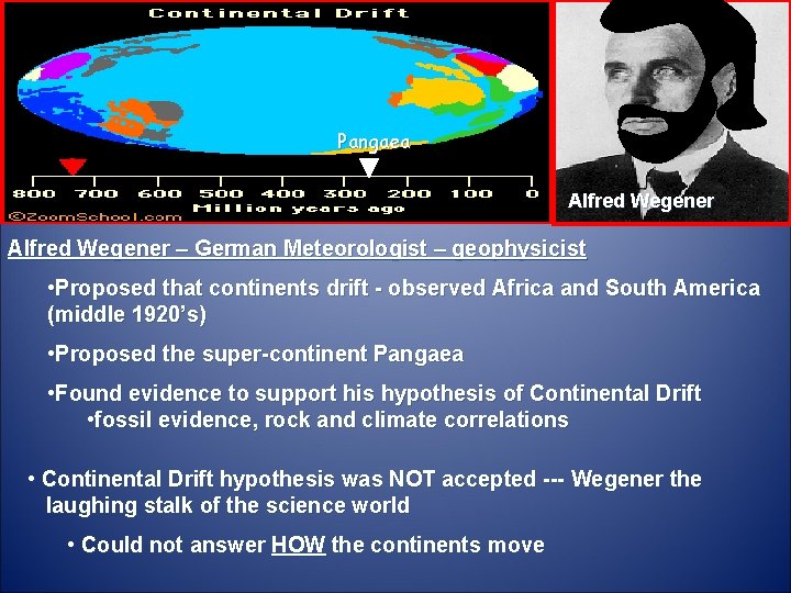 Pangaea Alfred Wegener – German Meteorologist – geophysicist • Proposed that continents drift -