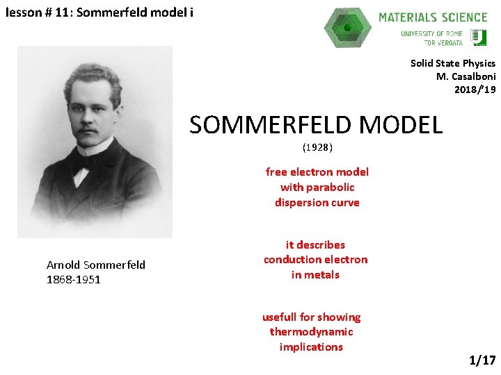 lesson # 11: Sommerfeld model i Solid State Physics M. Casalboni 2018/’ 19 SOMMERFELD