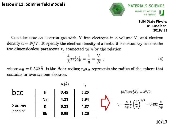 lesson # 11: Sommerfeld model i Solid State Physics M. Casalboni 2018/’ 19 bcc