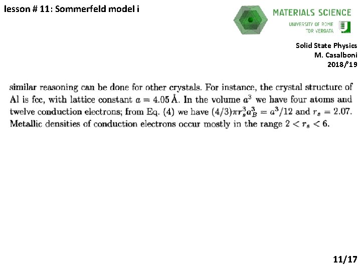 lesson # 11: Sommerfeld model i Solid State Physics M. Casalboni 2018/’ 19 11/17