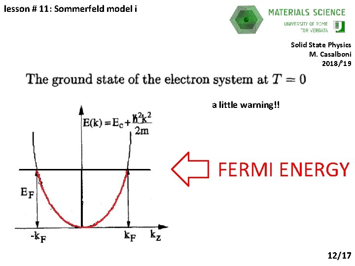 lesson # 11: Sommerfeld model i Solid State Physics M. Casalboni 2018/’ 19 a