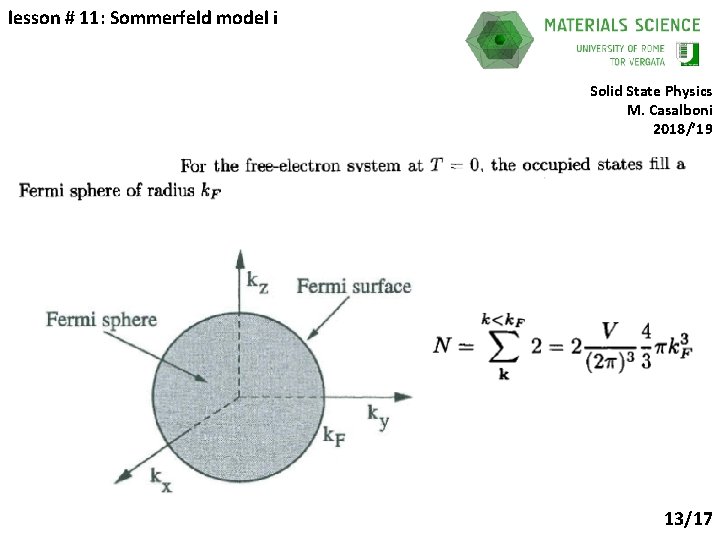 lesson # 11: Sommerfeld model i Solid State Physics M. Casalboni 2018/’ 19 13/17