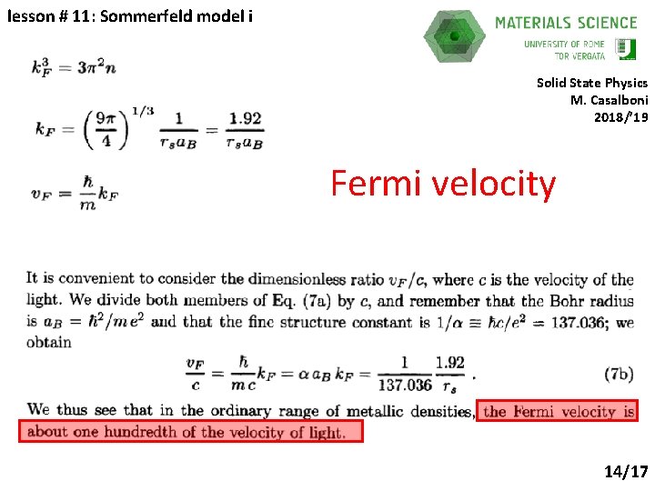 lesson # 11: Sommerfeld model i Solid State Physics M. Casalboni 2018/’ 19 Fermi