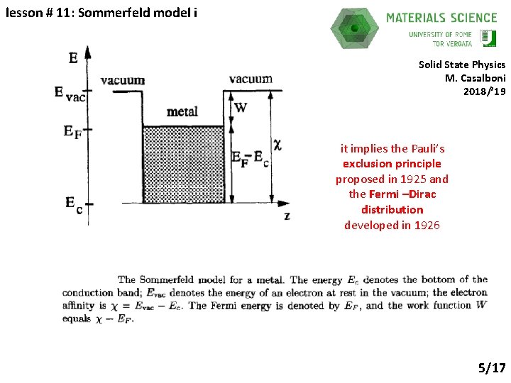 lesson # 11: Sommerfeld model i Solid State Physics M. Casalboni 2018/’ 19 it