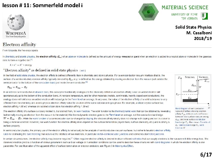 lesson # 11: Sommerfeld model i Solid State Physics M. Casalboni 2018/’ 19 6/17