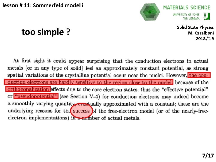 lesson # 11: Sommerfeld model i too simple ? Solid State Physics M. Casalboni