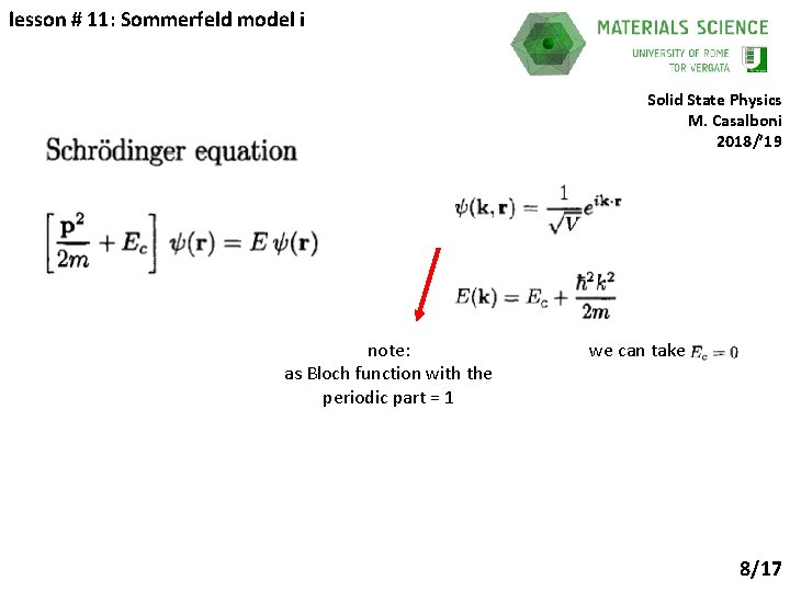 lesson # 11: Sommerfeld model i Solid State Physics M. Casalboni 2018/’ 19 note: