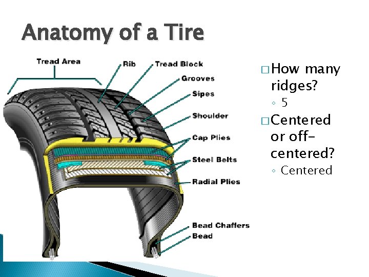 Anatomy of a Tire � How many ridges? ◦ 5 � Centered or offcentered?