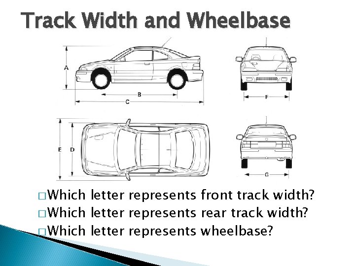 Track Width and Wheelbase � Which letter represents front track width? � Which letter