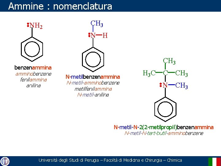 Ammine : nomenclatura NH 2 CH 3 N H CH 3 benzenammina amminobenzene fenilammina