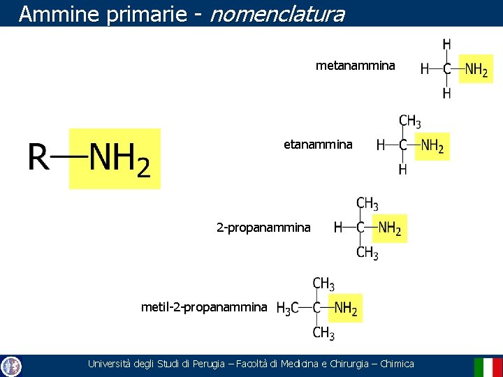 Ammine primarie - nomenclatura metanammina 2 -propanammina metil-2 -propanammina Università degli Studi di Perugia