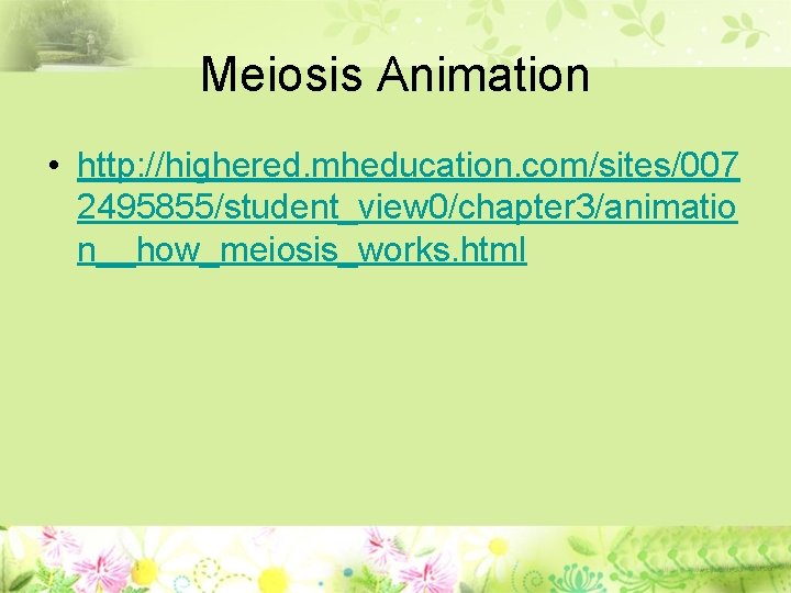 Meiosis Animation • http: //highered. mheducation. com/sites/007 2495855/student_view 0/chapter 3/animatio n__how_meiosis_works. html 