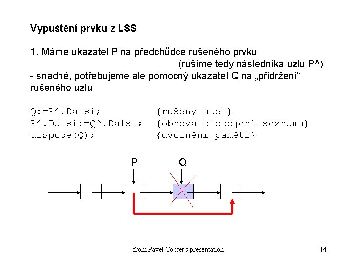 Vypuštění prvku z LSS 1. Máme ukazatel P na předchůdce rušeného prvku (rušíme tedy