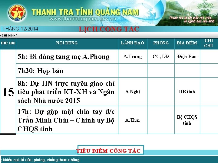 LỊCH CÔNG TÁC THÁNG 12/2014 Ồ CHÍ MINH” THỨ HAI NỘI DUNG 5 h: