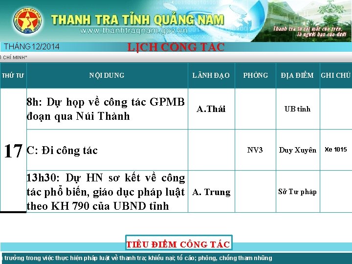 LỊCH CÔNG TÁC THÁNG 12/2014 Ồ CHÍ MINH” THỨ TƯ NỘI DUNG LÃNH ĐẠO