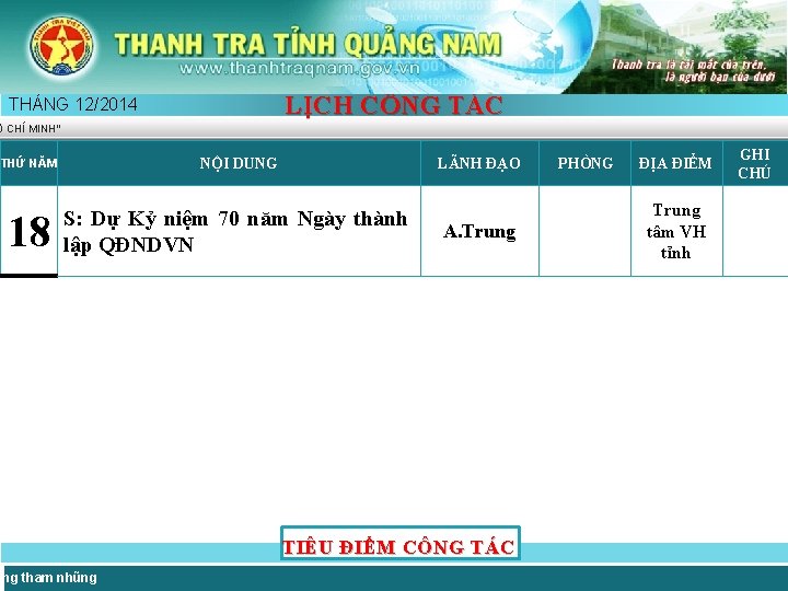 LỊCH CÔNG TÁC THÁNG 12/2014 Ồ CHÍ MINH” THỨ NĂM NỘI DUNG 18 S: