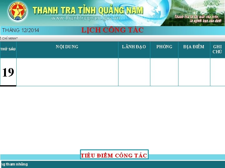 LỊCH CÔNG TÁC THÁNG 12/2014 Ồ CHÍ MINH” THỨ SÁU NỘI DUNG LÃNH ĐẠO