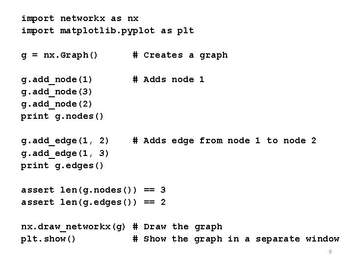 import networkx as nx import matplotlib. pyplot as plt g = nx. Graph() #