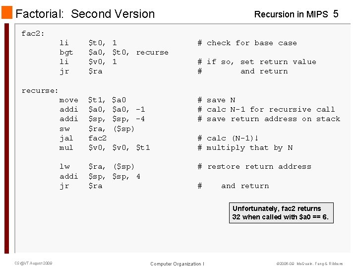 Factorial: Second Version Recursion in MIPS 5 fac 2: li bgt li jr recurse: