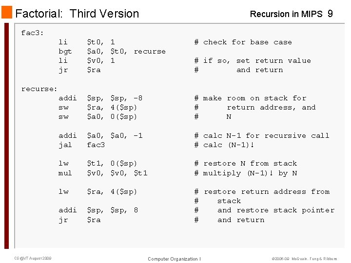 Factorial: Third Version Recursion in MIPS 9 fac 3: li bgt li jr $t