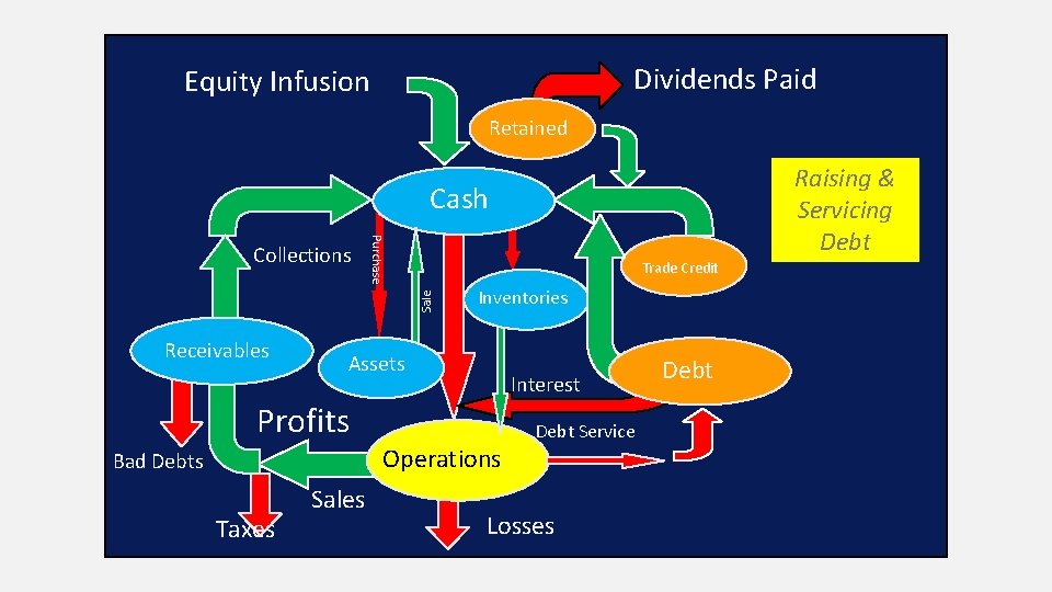 Dividends Paid Equity Infusion Retained Raising & Servicing Debt Cash Purchase Trade Credit Sale