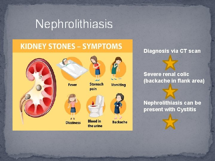 Nephrolithiasis Diagnosis via CT scan Severe renal colic (backache in flank area) Nephrolithiasis can