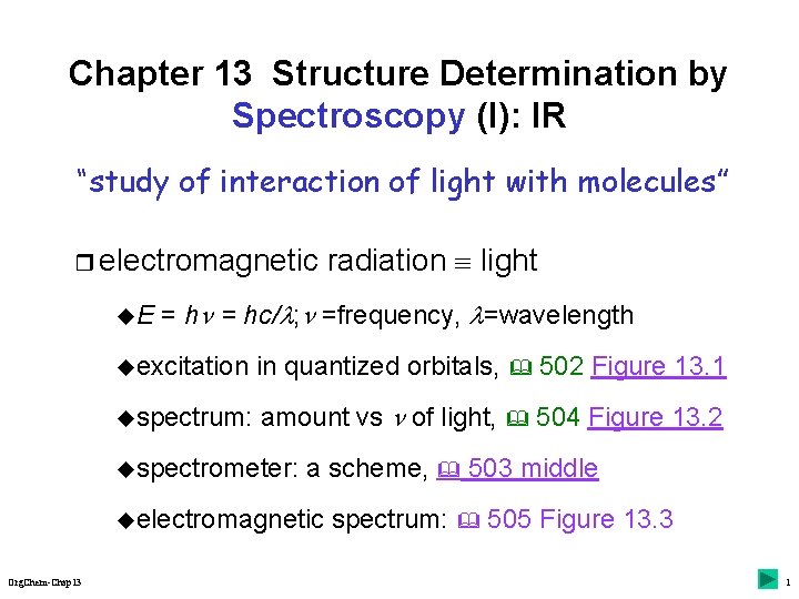 Chapter 13 Structure Determination by Spectroscopy (I): IR “study of interaction of light with