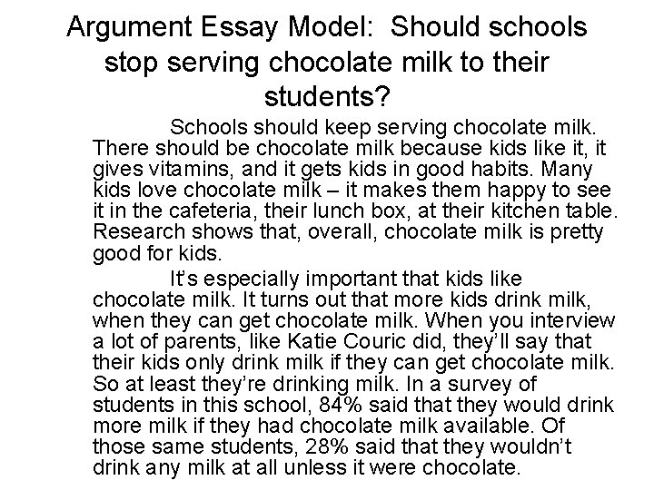 Argument Essay Model: Should schools stop serving chocolate milk to their students? Schools should