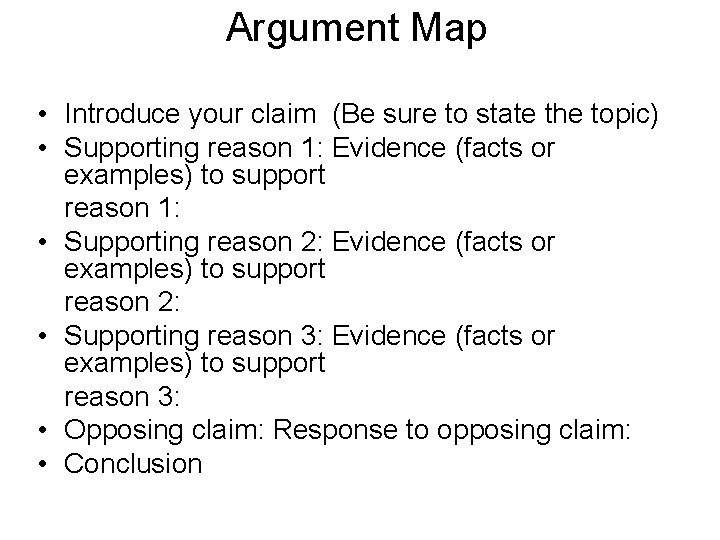 Argument Map • Introduce your claim (Be sure to state the topic) • Supporting