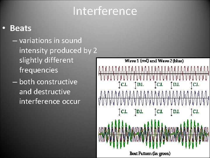 Interference • Beats – variations in sound intensity produced by 2 slightly different frequencies