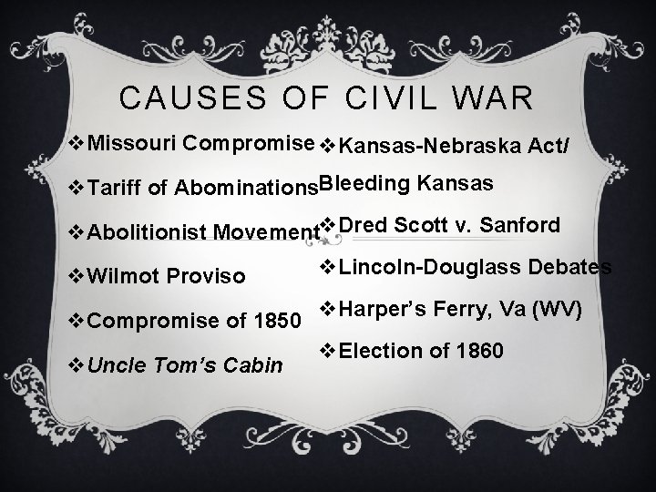 CAUSES OF CIVIL WAR v. Missouri Compromise v. Kansas-Nebraska Act/ v. Tariff of Abominations.