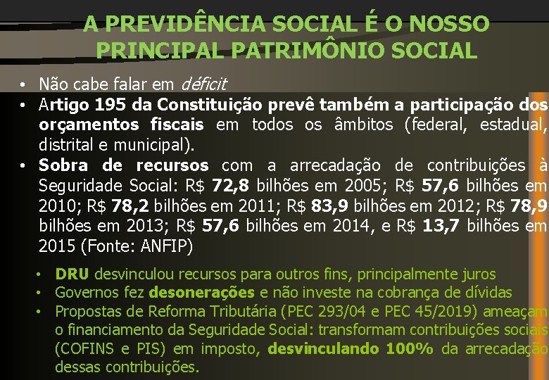 A PREVIDÊNCIA SOCIAL É O NOSSO PRINCIPAL PATRIMÔNIO SOCIAL • Não cabe falar em