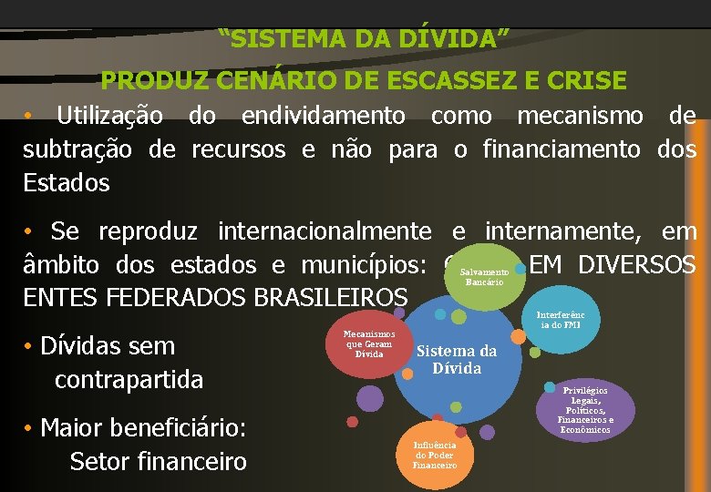 “SISTEMA DA DÍVIDA” PRODUZ CENÁRIO DE ESCASSEZ E CRISE • Utilização do endividamento como