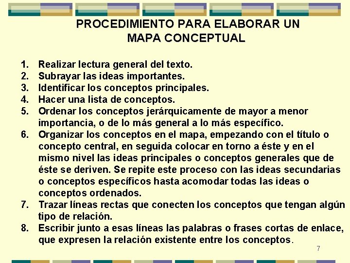 PROCEDIMIENTO PARA ELABORAR UN MAPA CONCEPTUAL 1. 2. 3. 4. 5. Realizar lectura general PROCEDIMIENTO PARA ELABORAR UN MAPA CONCEPTUAL 1. 2. 3. 4. 5. Realizar lectura general