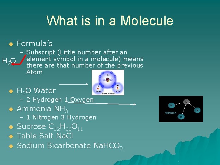 What is in a Molecule u Formula’s – Subscript (Little number after an H